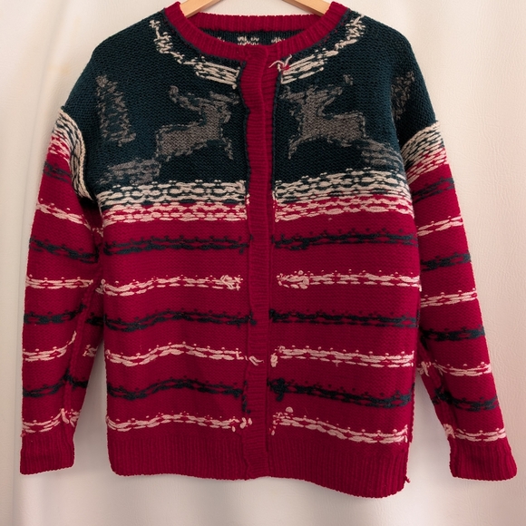 Vintage Eddie Bauer Wool Red Green Reindeer Fair Isle Knit Cardigan Sweater - S - Picture 15 of 16